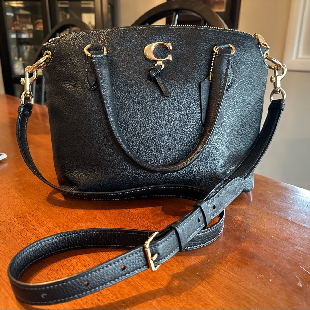 Nearly New Coach Pebbled Remi Satchel Handbag Black w/Crossbody Strap 1317
